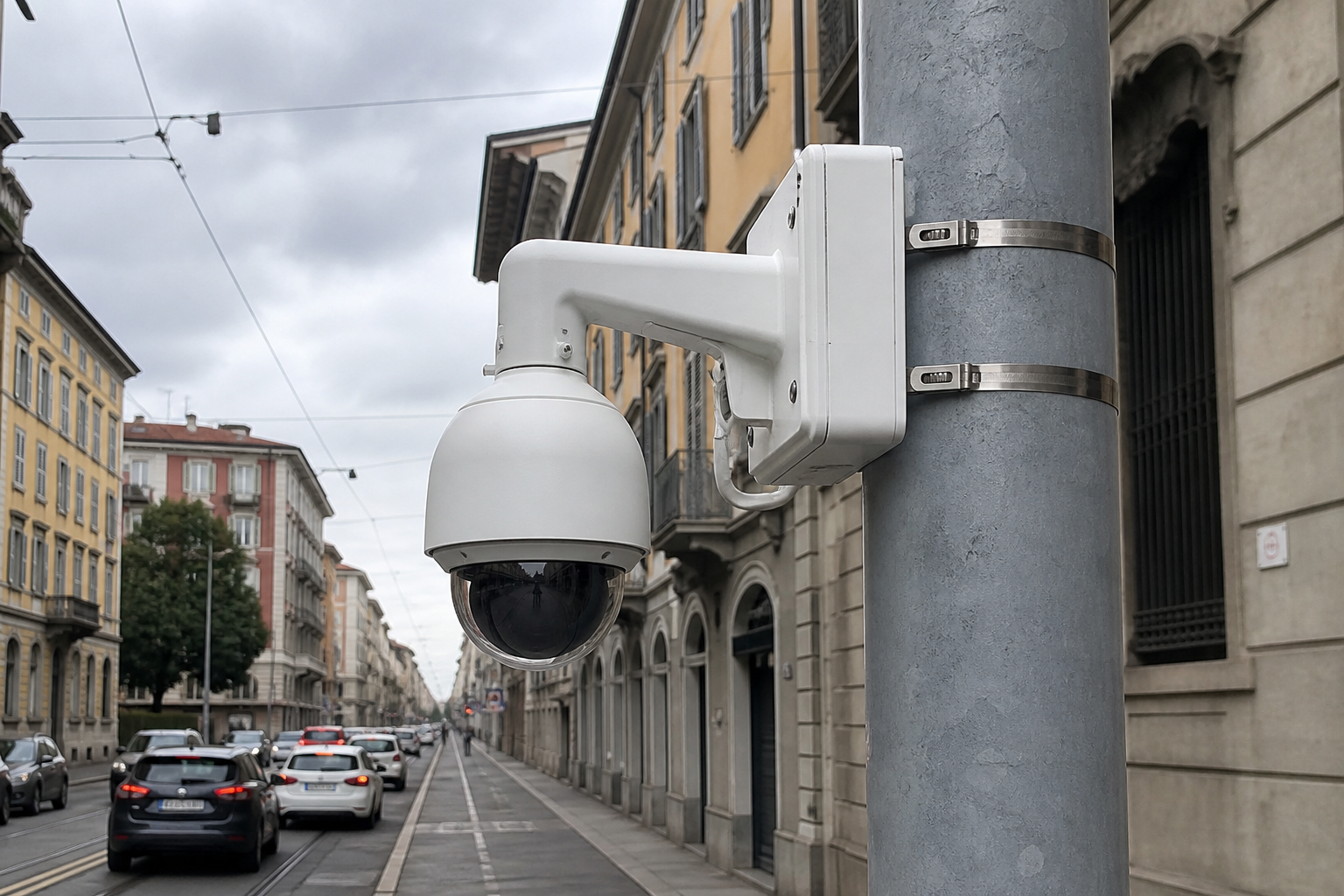 Speed-dome su palo di illuminazione, alla sinistra della strada